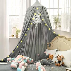 Princess Bed Canopy for Girls, Dreamy Tassels Ceiling Canopy Net Kids Room Decor Soft Canopy Reading Nook, Extra Large Canopies Full Queen Size with Lights - Grey