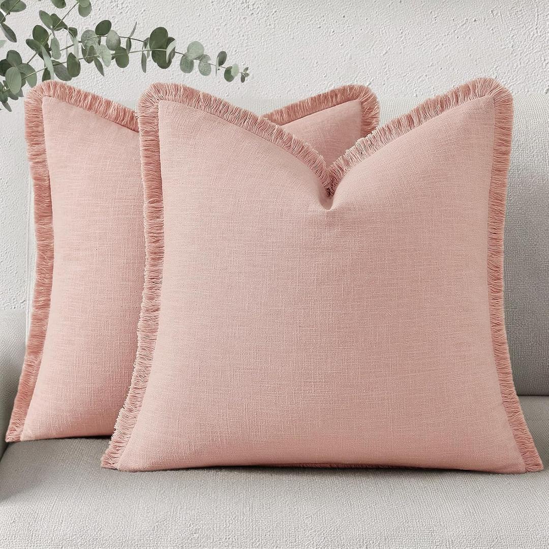 decorUhome Summer Decorative Neutral Linen Fringe Euro Sham Throw Pillow Covers Set of 2 Pink Pillow Covers with Tassels Soft Farmhouse Boho Accent Pillow Cases for Couch Bed Sofa 22x22 Inch