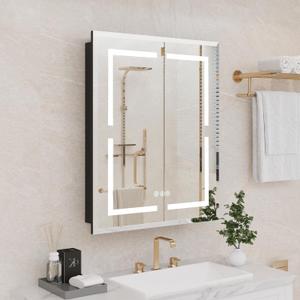 Medicine Cabinet, LED Mirror Cabinet for Bathroom with 3-Color with Mirror Defog, Recessed or Surfaced Wall-Mounted (24X30)