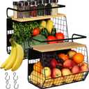 2 Set Magnetic Shelf for Refrigerator with Wood Lid, Fruit Potato & Onion Storage Bins, Pantry Organizers & Storage, Large Container Magnetic Spice Rack for Refrigerator, Kitchen Counter, Cabinet (Black)