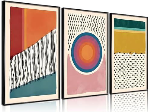 Set of 3 Framed Boho Wall Art Mid Century Modern Wall Decor Posters Abstract Color Block Geometric Canvas Paintings Prints Colorful Simple Line Pictures for Living Room Bedroom Home Decoration