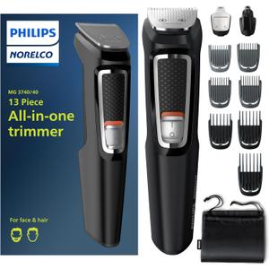 Norelco Philips Multi Groomer All-in-One Trimmer Series 3000-13 Piece Mens Grooming Kit for Beard, Face, Nose, Ear Hair Trimmer and Hair Clipper - NO Blade Oil Needed, MG3740/40 (MG3740/40 - 13 Pieces, Black/Chrome)
