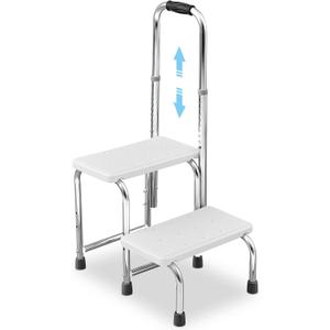Kigley Adjustable Step Stool with Handle and Non Skid Platform 2 Steps Medical Foot Stool Multi Functional Step Ladder Heavy Duty Holds 350 Lbs Easy Installation Bed Stairs for Adults Elderly Handicap