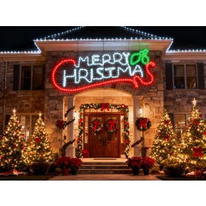 Outdoor Lighted Merry Christmas Holly Leaf Sign Decoration 50" Extra Large Red and Green Waterproof LED Neon Pre Lit Display Christmas Garden Yard Window Wall Store Holiday Decoration