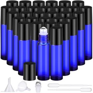Domensi 30 Pcs Essential Oil Bottles, 10 ml Glass Bottle with Stainless Steel Roller Ball and Cap for Travel, Perfume, Lip Balm, 2 Funnels, 0.5 ml Dropper(Cobalt Blue)