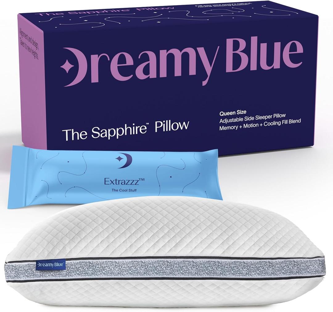 DreamyBlue Gusseted SAPPHIRE Pillow  Adjustable Loft, Luxury Cover, Shredded Memory Foam Fill w/Airflow Beads Ideal For Wide Shoulders Neutral Alignment for All  CertiPUR-US Certified Foam (Queen)