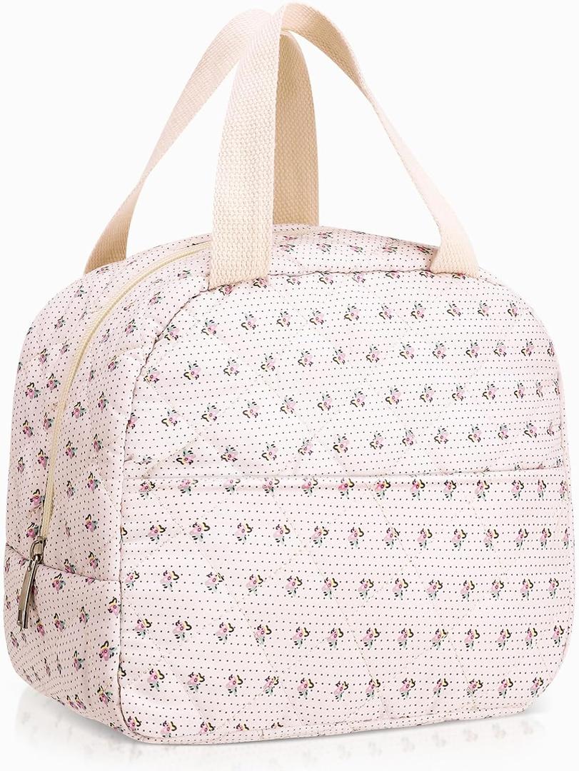 Insulated Lunch Bag for Women Men Adults, Quilted Lunch Tote Bag, Floral Women Lunch Tote with Front Pocket Lunch Box Container Cooler Bag for Work Picnic