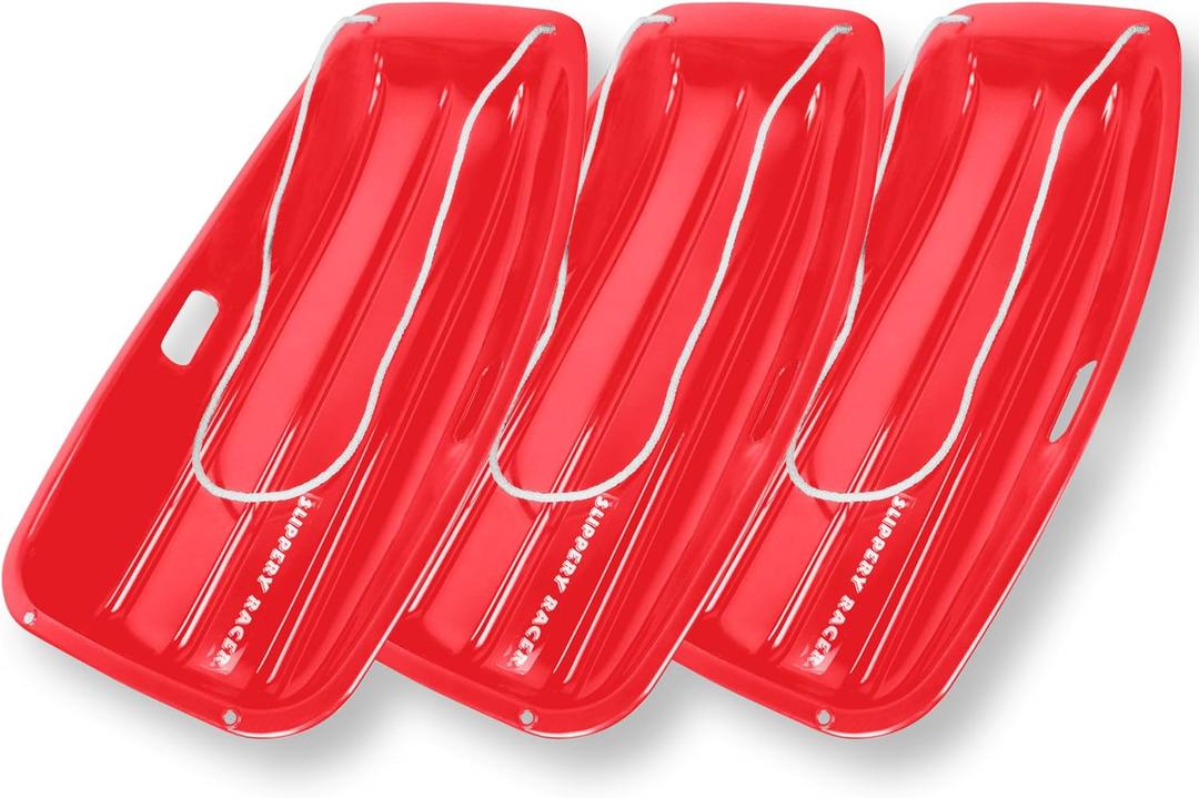Slippery Racer Downhill Sprinter Flexible Kids Toddler Plastic Cold-Resistant Toboggan Snow Sled with Pull Rope and Handles -35 Inch (RED, 3 Pack)