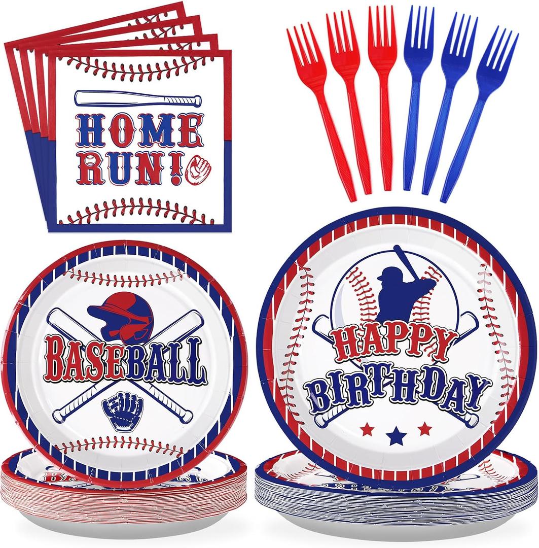 Grencian 96 PCS Baseball Birthday Party Supplies 350 GSM Baseball Plates and Napkins Tableware Set Baseball Party Decor for Kids Boys Sports Baseball Themed Birthday Party Decor Serves 24