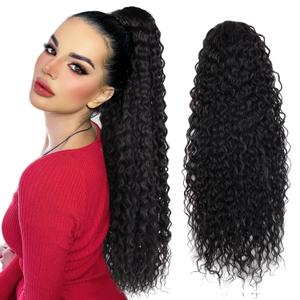 Meepo 24 Inch Curly Ponytail Extensions Synthetic Deep Wave Drawstring Ponytail For Black Women Human Hair Feeling With Clip In Thick Ponytail Hair Natural Brown Hairpiece (#2,160g) (24" cw, brown)