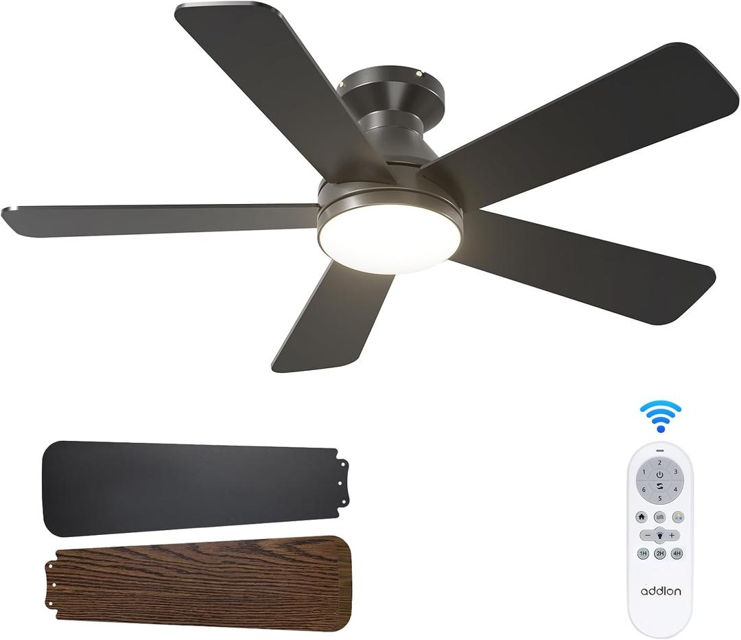 addlon Ceiling Fans with Lights, 42 Inch Low Profile Ceiling Fan with Light and Remote Control, Flush Mount, Reversible, 3CCT, Dimmable, Quiet, Black Small Ceiling Fan for Bedroom Indoor/Outdoor Use, 42 Inch, Black
