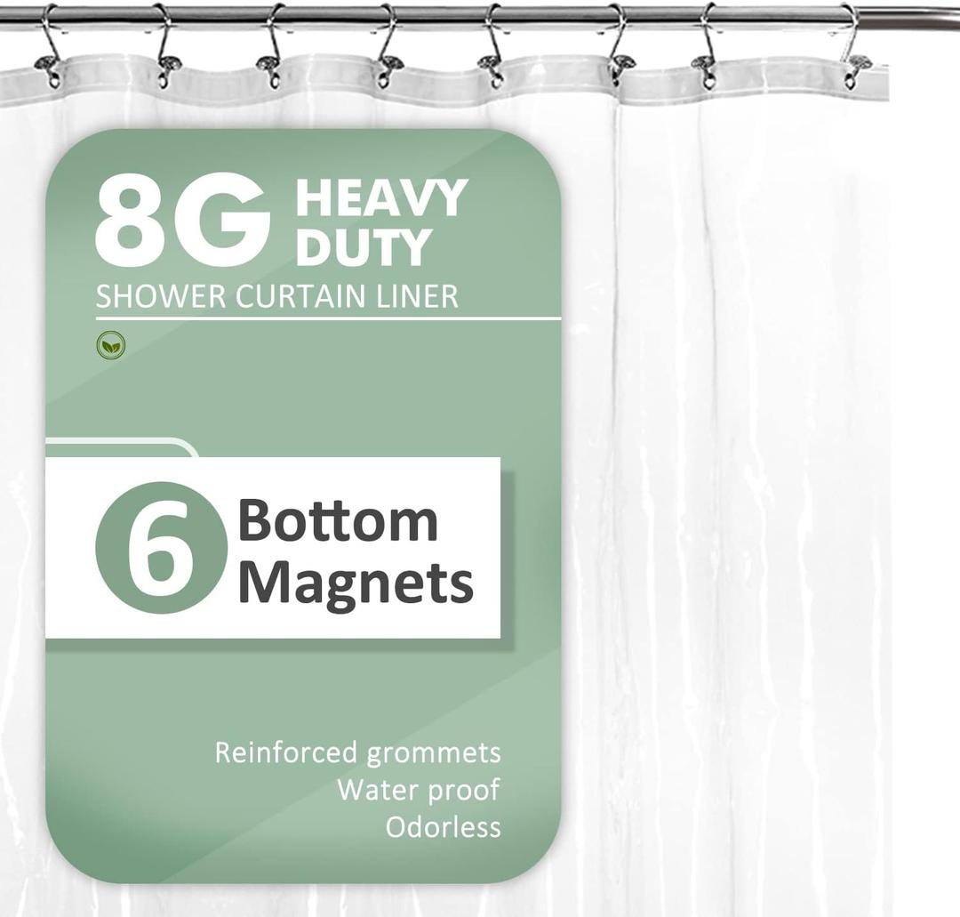 Barossa Design Shower Curtain Liner with 6 Magnets - Heavy Duty PEVA Plastic Shower Curtain for Bathroom, Waterproof Vinyl & See Through Bath Liner, Metal Grommets - Clear, 72x72