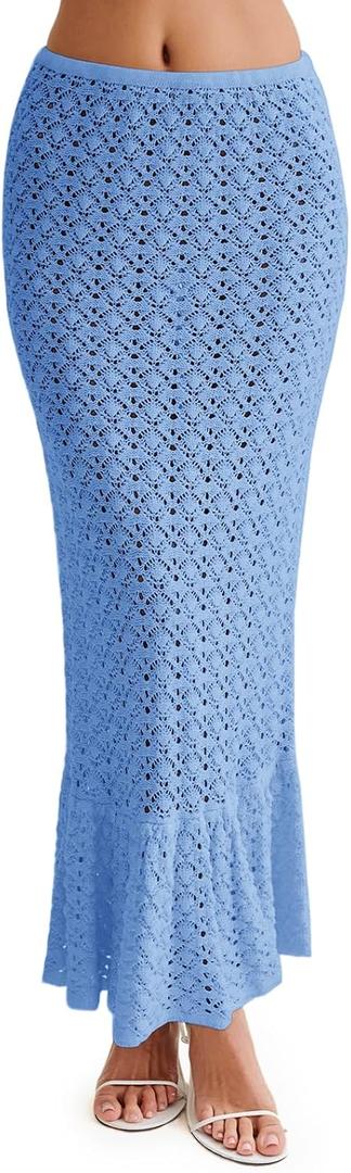 Saodimallsu Womens Crochet Cover Up Skirt High Waisted Sheer Knit Summer Swimsuit Coverup Beach Fishtail Maxi Skirts (Medium, Sky Blue)