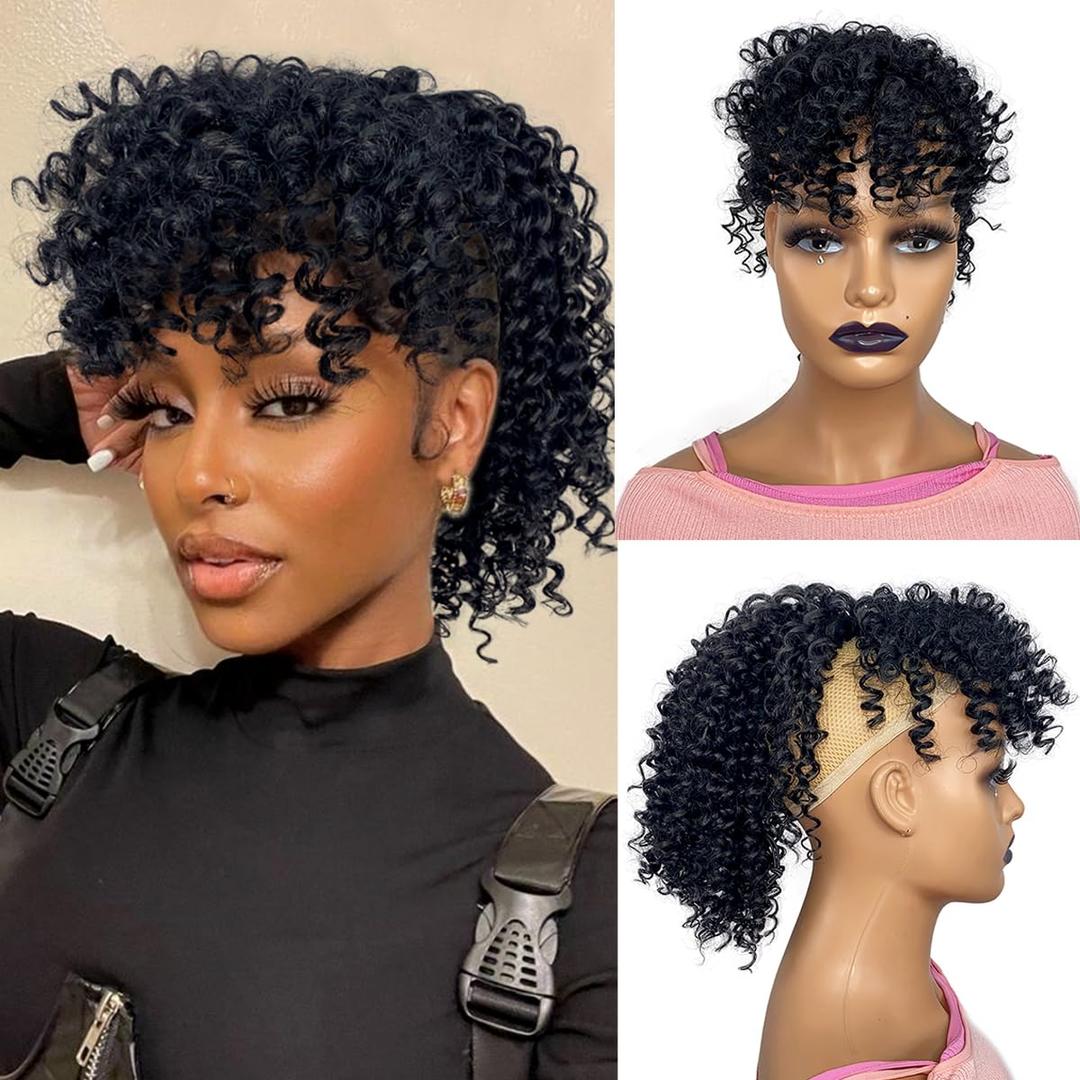 Curly Ponytail with Bangs Drawstring 12inch Short Kinky Curl Hair Ponytail with Bangs Afro Puff Clip in Hair Piece for Black Women
