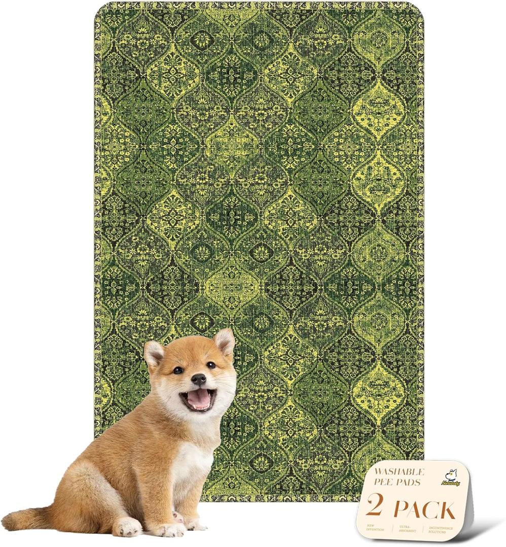 nunubaby Washable Pee Pads for Dogs, Stylish, Non-Slip and Leak-Proof Pee Pads. Reusable Potty Pads for Dogs for Crates and Floors.(Green/Multi, 24" x36" )