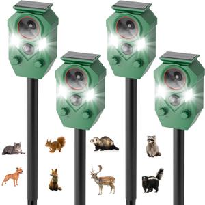 4-Pack Solar Powered Ultrasonic Animal Repeller, Outdoor Waterproof Deer Squirrel with Motion-Activated Sensor Strobe Light, for Cats, Raccoons, Skunks, Rabbits and More