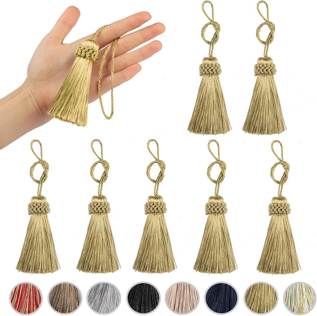Fenghuangwu 8PCS Tassel Key Colorful Tassel for Cord Loop,Elegant Handmade DIY Craft Accessory Home Decoration (Gold)