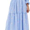 Women Floral Embroidered Maxi Dress Long Puff Sleeve Square Neck Bohemian Flowy Dress with Pockets Summer Fall (Small, Light Blue)