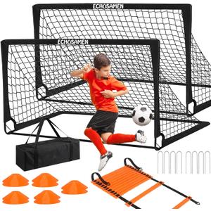 Kids Soccer Goals for Backyard, 2 of 6 x 4 ft Kids Soccer Goal Set Soccer Net with 10 Soccer Cones, Agility Ladder & Carry Bag, Portable Soccer Training Equipment. (Black)