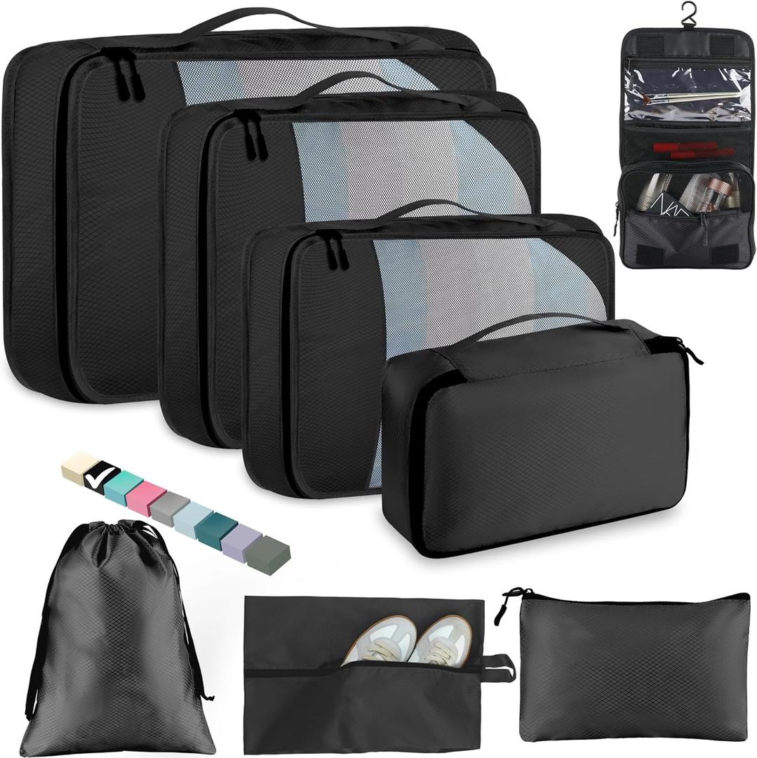 8-Piece Packing Cubes for Travel, Mesh Luggage Organizers with Shoe Bag, Toiletry Bag, Laundry Pouches, 4 Sizes (XL/L/M/S) for Suitcase Organization, Men Women Kids, Black