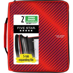 Five Star Zipper Binder, 2 Inch 3-Ring Binder with Round Rings, 5-Tab Expanding File, 380 Sheet Capacity, Fire Red (72538)
