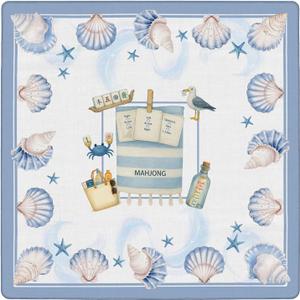 Blue and White Coastal Beach Mahjong Mat 31.5x31.5 Inch, Summer Ocean Seashell Seagull Non-Slip Noise Reduction Mahjong Table Mat for American Mah Jong Poker Card Board Games Dominoes