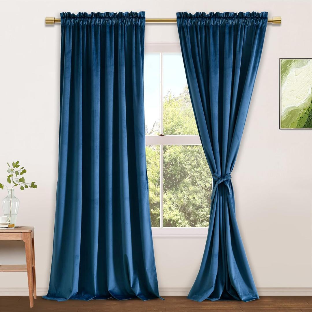 JIUZHEN Navy Velvet Curtains 96 inches for Living Room - Soft Retro Blackout Velvet Drapes Rod Pocket Room Darkening Thermal Insulated for Bedroom/Gallery, 52W x 96L, 2 Panels with Tiebacks