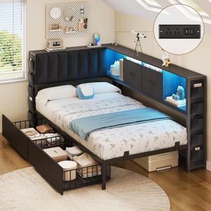 MapleGrace Twin Corner Bed Frame with Upholstered Storage Headboard and Drawers, Metal Platform Bed Frame with LED Light and Charging Station, Twin Daybed for Living Room, Bedroom & Guest Room, Black