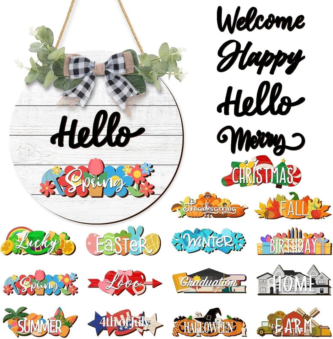20Pcs Interchangeable Welcome Sign for Front Door Seasonal Wooden Holiday Wreaths Farmhouse Door Decor Changeable Outdoor Decorations for Home Porch Gifts Christmas Fall Outside Hanging Sign