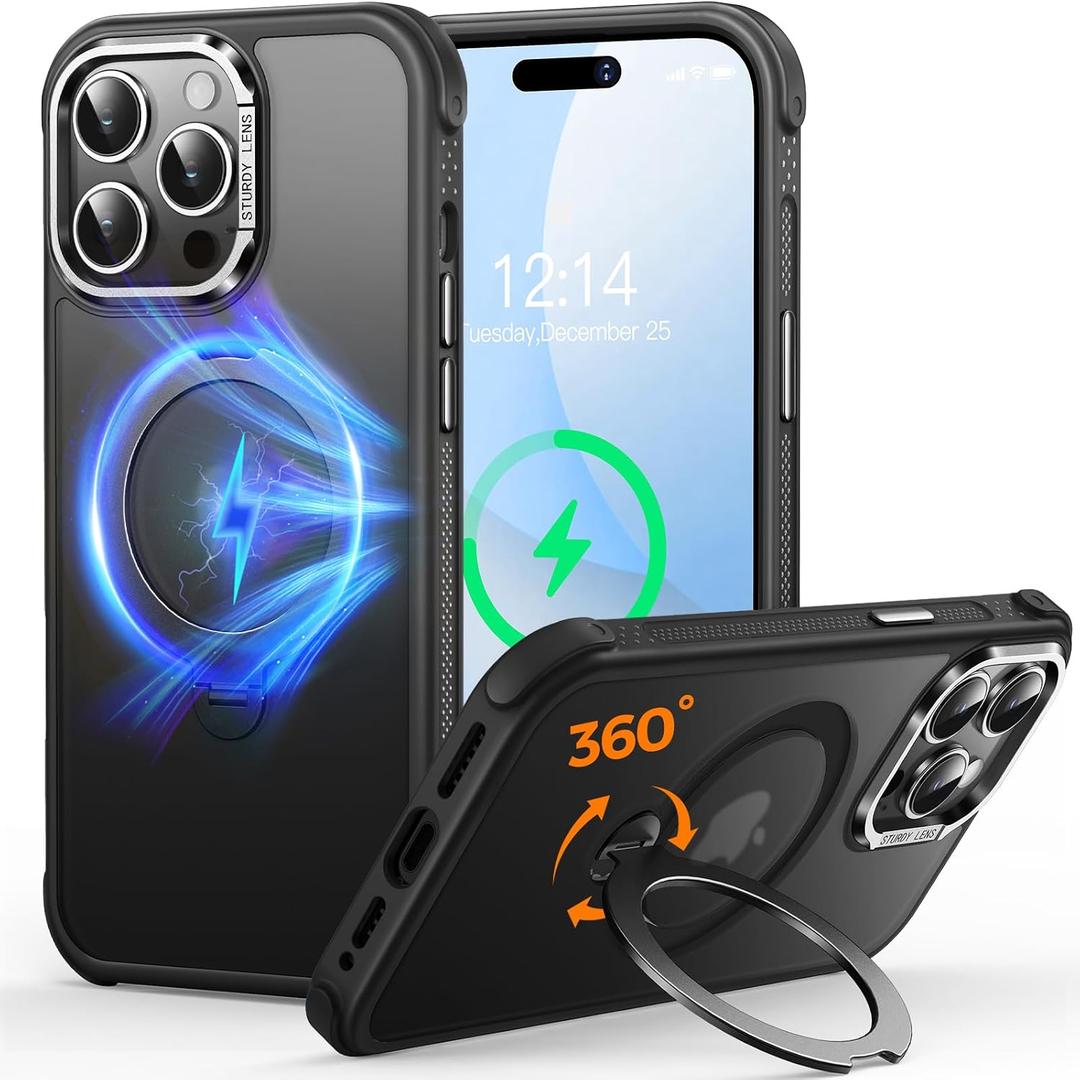 O3 Mag-Stand Designed for iPhone 14 Pro Max Case with 360 Spin Stand, [Compatible with MagSafe][Super Skin Feeling] Translucent Matte Magnetic Slim Phone Case 6.7 inch, Matte Black