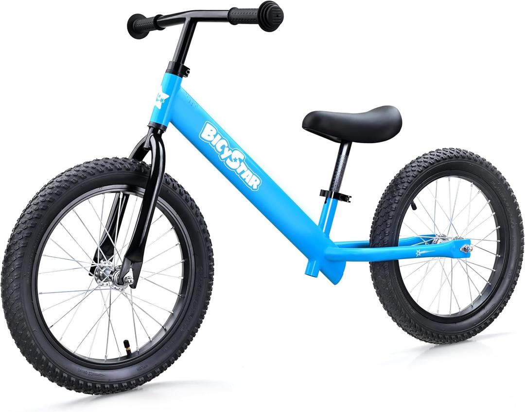Bicystar 16 Inch Kids Balance Bike for 5-8 Year Old, No Pedals, Air Tires, Footrests, Adjustable Height for Big Boys, Girls (Blue)