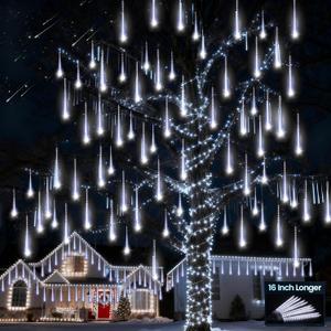 Aluan Christmas Lights Outdoor Meteor Shower Lights White 16 Inch 10 Tubes 360 LED Falling Rain Light Waterproof Snowfall Dripping Icicle Light for Xmas Tree Holiday Decoration Yard Porch Patio