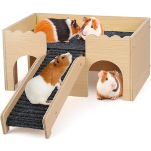 Wooden Guinea Pig Hideout Castle with Stairs,Small Animal Bed Hut Habitats Spacious 2-Level Detachable Small Pet House for Rabbits, Hamsters & Chinchillas Bunny (Grey)