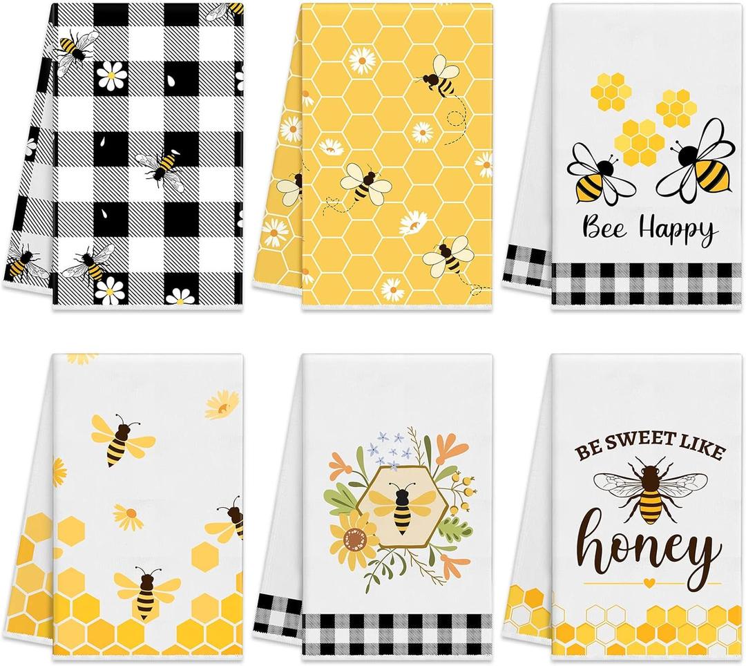 Oudain 6 Pcs Bee Kitchen Towels Honey Bee Kitchen Decor 15.8 x 23.6 Inches Dish Hand Tea Towels for Bathroom Home Housewarming Gifts