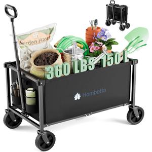 Collapsible Wagon Cart with Wheels, 150L Lightweight Foldable Utility Cart, Portable Rolling Wagon for Garden, Shopping, Sports, Camping, Transport, Black
