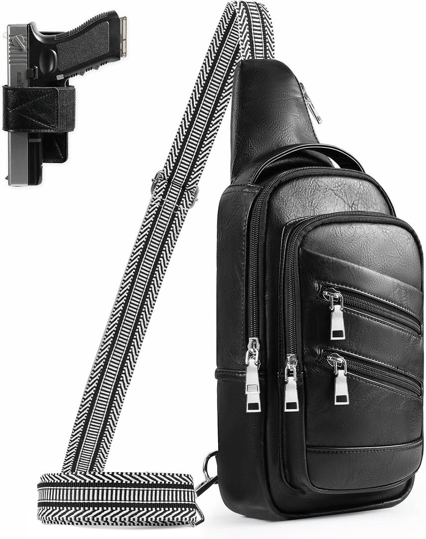 Conceal Carry Sling Bag - Virgan Leather Sling Backpack Fanny Pack Crossbody Chest Bags with Holster&Guitar Strap (Black)