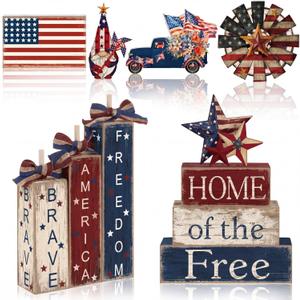 Vercraft 11 Pcs 4th of July Table Decorations Set Patriotic Tiered Tray Decor Retro Red White Blue Wood Block American Flag Decor for 250th Anniversary Independence Day Home Office Shelf