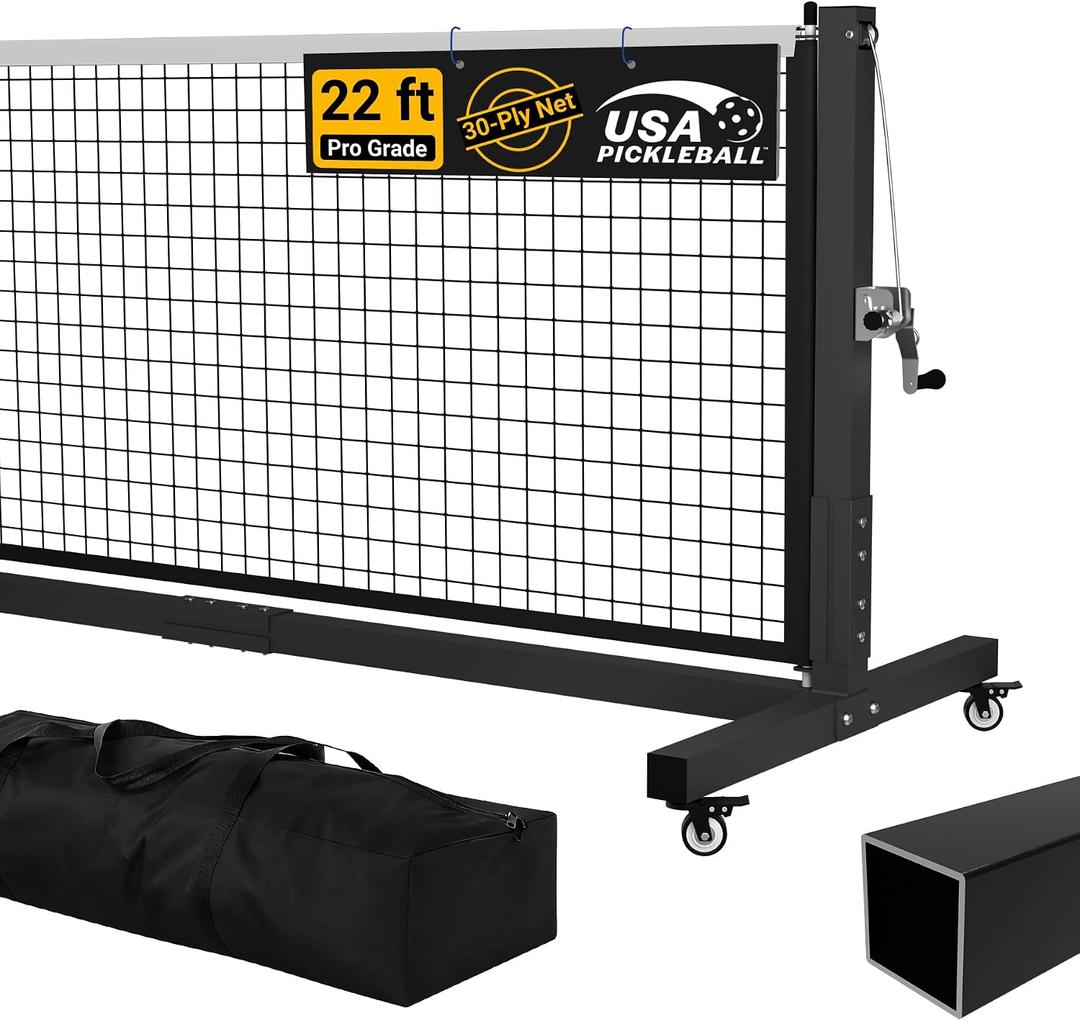 Pro Pickleball Net - 22ft Tournament-Grade, Heavy Duty Steel Frame, 30-ply Sturdy Net, Hand Winch System, Universal Wheels, 600D Carrying Bag, Perfect for Indoor & Outdoor Use, Black/Yellow, 22ft x 34"
