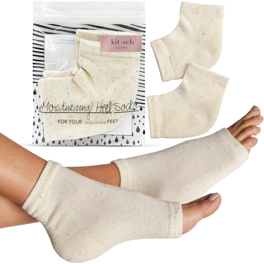 Kitsch Moisturizing Socks for Cracked Heel Treatment Reusable Spa Socks for Women & Men with Insulated Gel Lining - Overnight Heel Socks for Dry Cracked Feet, Hydrating, Open-Toe Design - Pair of 1 (Regular, Cream)