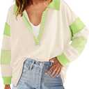 ReachMe Womens Oversized Striped Sweatshirts V Neck Loose Fit Tunic Colorblock Polo Shirts Patchwork Pullover Tops(Beige&Green, S)