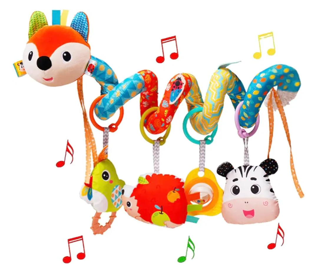Baby Car Seat Toys, Infants Activity Spiral Plush Toys for Babies 0-6 Months Hanging Stroller Toy Gift for Infant Boys and Girls 0 3 6 12 Months Newborn Sensory Toy with Rattles Squeaker Music - Fox