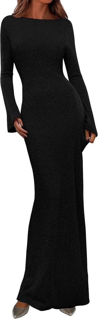 PRETTYGARDEN Women's Fall Fashion 2025 Long Sleeve Maxi Dress Ribbed Knit Boat Neck Bodycon Casual Dresses Going Out Outfits (Medium, Black)