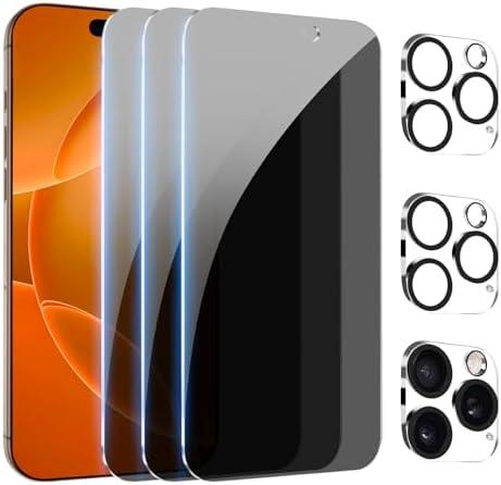 PEHAEL 3+3Pack for iPhone 16 Pro Max Privacy Screen Protector with Camera Lens Protector Full Coverage Anti-Spy Tempered Glass Film 9H Hardness Easy Installation Bubble Free [6.9 inch]