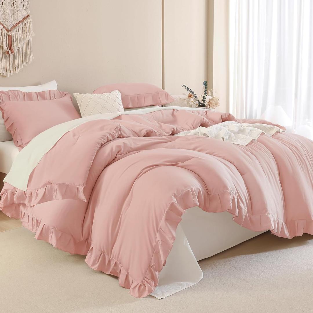 Andency Blush Pink Ruffle Comforter King, 3 Pieces All Season Farmhouse Shabby Chic Comforter, Vintage Rustic Soft Microfiber Down Alternative Bedding Comforter Set