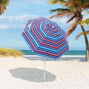 Tommy Bahama 6' UPF 50+ Tilt Beach Umbrella with Wind Vent and Carry Bag, Red and Blue Stripe