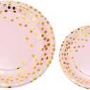 200 Pink Party Supplies - Disposable Dinnerware Set Serves 25, Gold Dots on Pink Paper Plates, Cups & Napkins, Wooden Knives, Spoons & Forks for Baby Shower, Wedding or Bridal Shower (w045)