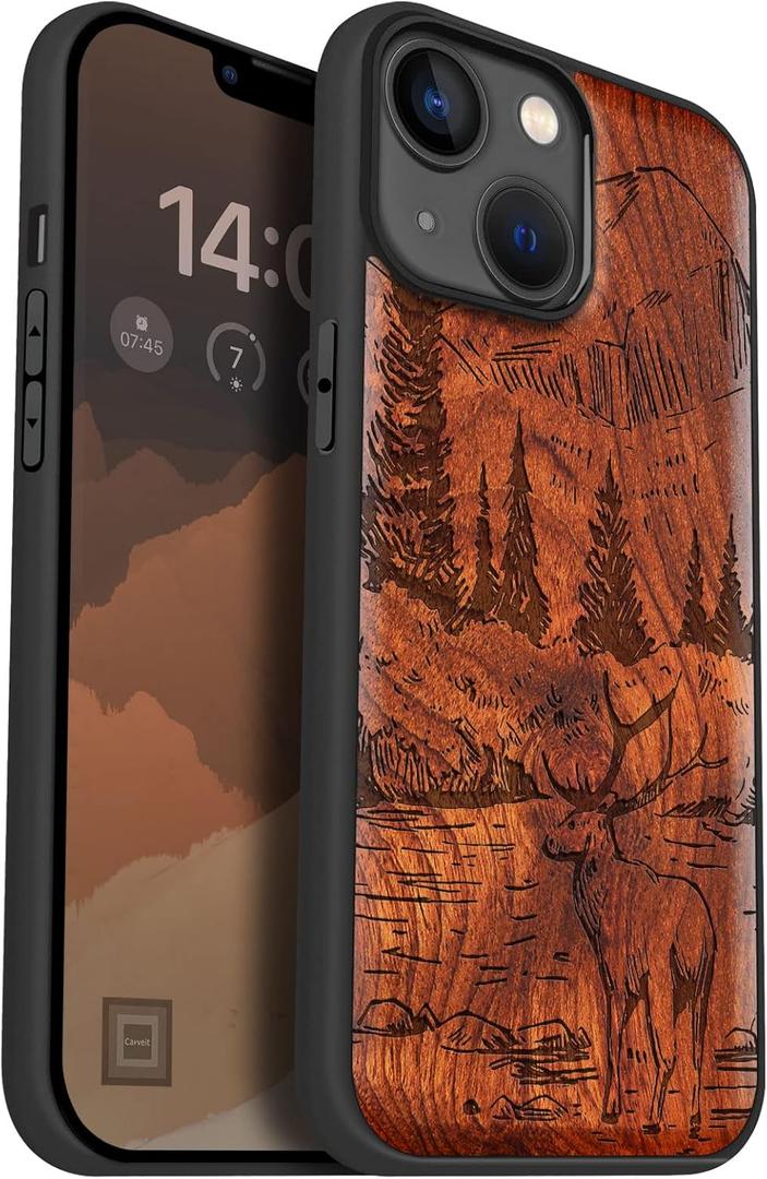 Carveit Magnetic Wood Case for iPhone 14 Case [Natural Wood & Black Soft TPU] Shockproof Protective Cover Unique Wooden Case Compatible with magsafe (Mountains and Deer -Rosy)