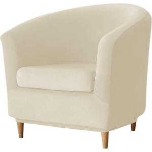 Stretch Tub Chair Covers, 2-Piece Club Chair Slipcover with Cushion Cover Soft Velvet Armchair Slipcovers Furniture Protector for Living Room (Beige)