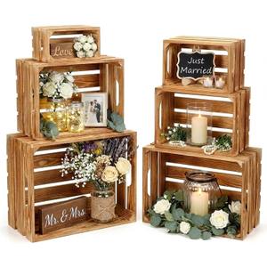 Set of 6 Decorative Wood Crates for Display, 6 Size Farmhouse Wooden Baskets Rustic Nesting Crates Decor Boxes with Handle for Storage, Container, Display, Christmas Decorations