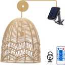 Ranttan Outdoor Chandelier, 15" Outdoor Pendant Lights Rattan Solar Hanging Lights Large Rattan Ceiling Light with Remote 4 Modes Lighting Waterproof Lighted for Garden Porch Patio Kitchen, Nature